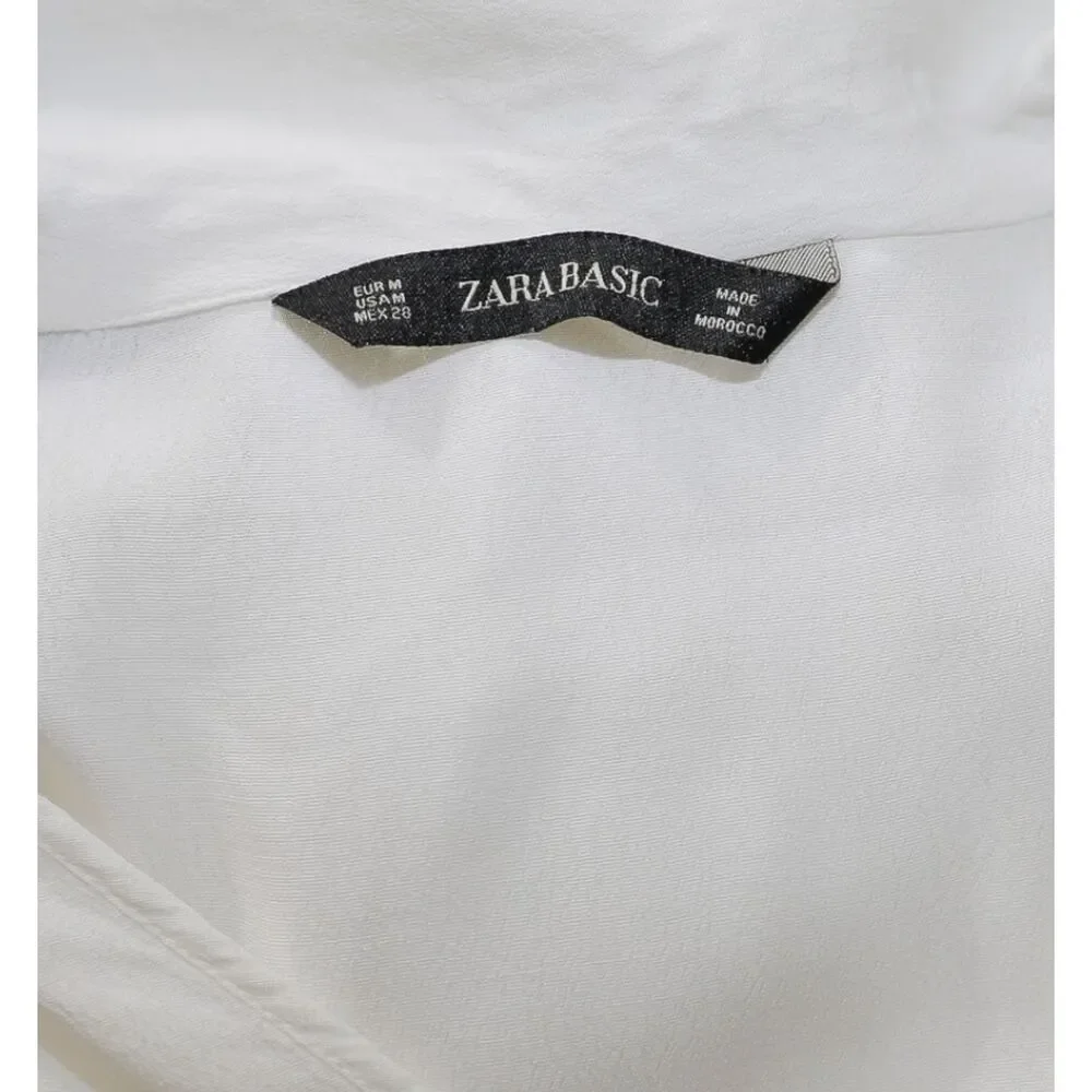 Zara White Blouse Medium Puff Sleeve Tie Cuff V Neck Top